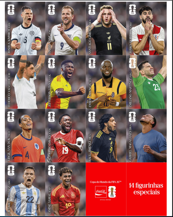 14 figurinhas especiais Coca-Cola: Kimmich, Kane, Giménez, Gvardiol, Valverde, Lerma, Valencia, Martínez, Van Dijk, Davies, Jiménez, Magalhães, Lautaro e Yamal